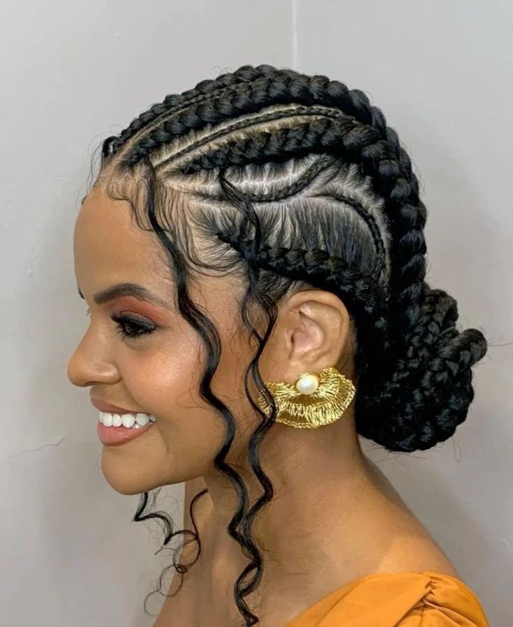 Mixed Braids Hairstyles Black, Low Ponytail Hairstyles For Black Women Braids, Curly Stitch Braids, Braid And Ponytail Hairstyles Black, Boricua Hairstyles, Quick Scalp Braid Styles, Stitch Braid Bun With Curls, Goddess Cornrows Buns, Updo Braided Hairstyles For Black Women