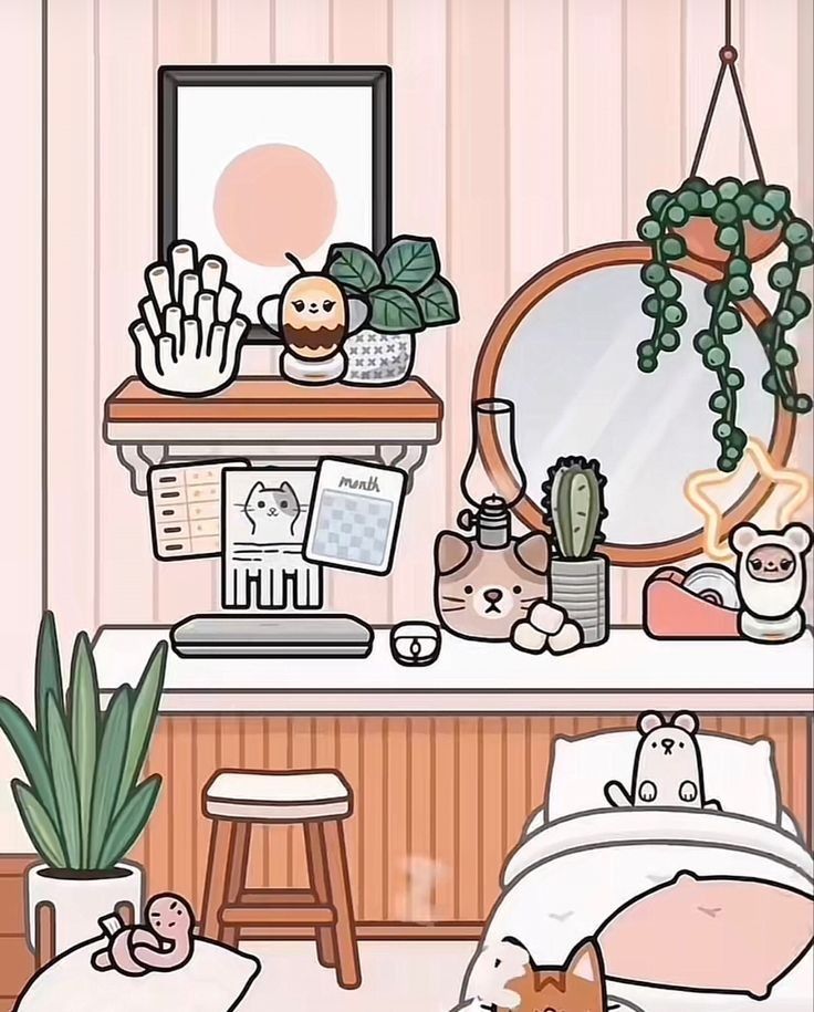 a room with a bed, mirror and plants on the shelf next to the bed