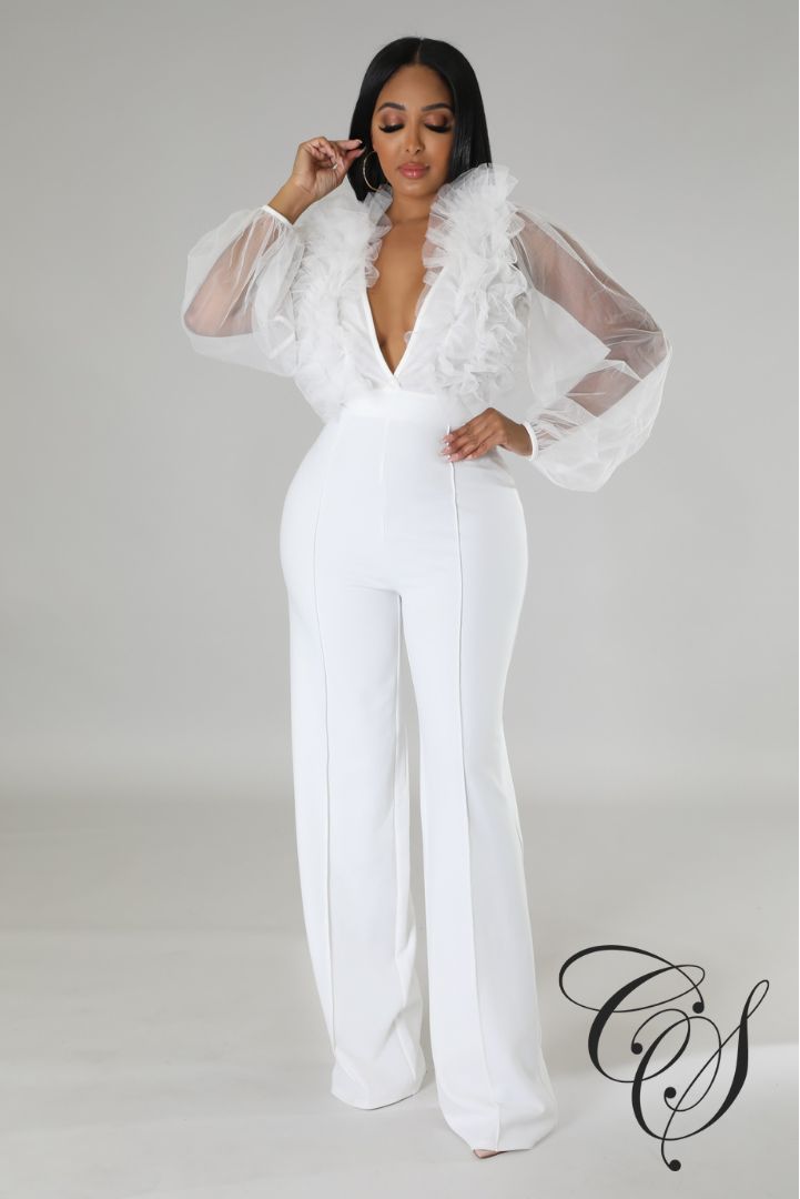 Got an occasion planned? Dare to make a statement in this flirty ruffle top jumpsuit. Brought to you in a deep v neckline, sheer balloon long sleeve design and ruffle detailing for that extra touch of glam, you really can't go wrong. Style this jumpsuit with clear strap heels and some luxe gold accessories for a look that is sure to steal the stares all night long. Model is wearing a small Fabric: 95% Polyester 5% Spandex Hand wash cold, line dry. Do not bleach, iron or dry clean. *Inseam 38 inc Clear Strap Heels, Plus Size White, White Tulle, Drag Queens, Plus Size Jumpsuit, Long Sleeve Jumpsuit, Lantern Sleeve, Lantern Sleeves, Sleeve Detail