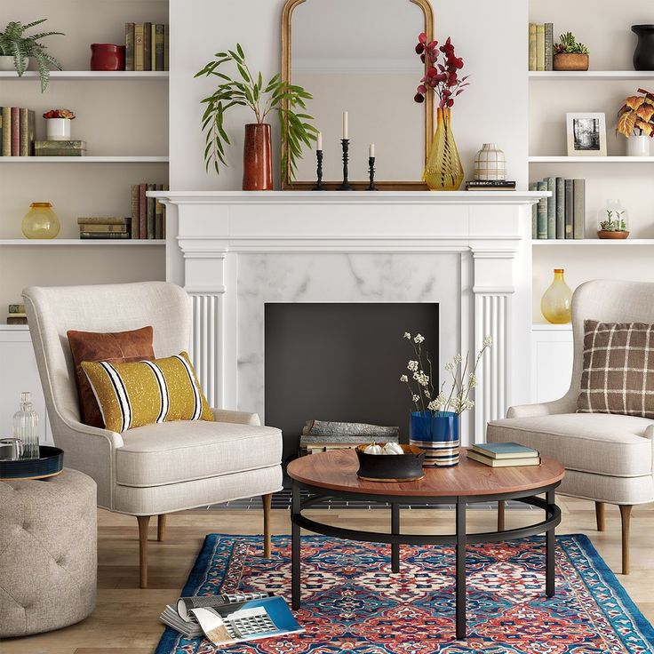 a living room filled with furniture and a fire place in front of a white fireplace