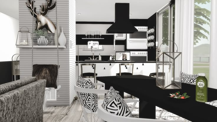 a black and white living room with modern furniture