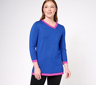 Add some spice to a classic sweater with an asymmetrical neckline and color contrasting hems. From Women with Control®. Classic Sweater, Asymmetrical Neckline, Contrast Piping, Sweater Fashion, Piping, Sweaters & Cardigans, Royal Blue, Women's Top, Color