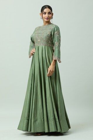 Green chanderi floor length anarkali with hand embroidered bodice. - Aza Fashions Floor-length Anarkali Set For Eid, Anarkali Floor-length Raw Silk Churidar, Floor-length Kurta For Reception And Navratri, Transitional Anarkali Floor-length Churidar, Transitional Floor-length Anarkali Churidar, Transitional Floor-length Dola Silk Anarkali Set, Raw Silk Anarkali Set With Zari Work, Maxi Length, Floor-length Anarkali Set With Dori Work For Diwali, Maxi Length Raw Silk Anarkali Set With Zari Work