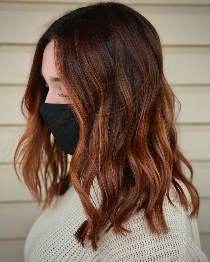 Brown Root Red Balayage, Cool Copper Balayage, Copper Ribbons Hair, Copper Brown Hair Medium Length, Light Brown Red Balayage Hair, Bayalage Copper Brown, Mahogany And Copper Balayage, Cooper And Brown Hair, Copper Ombre Brunette