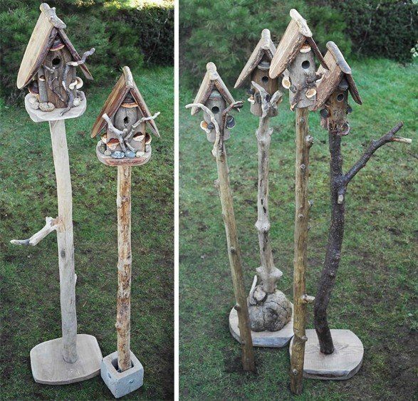 two pictures of bird houses made out of wood sticks and branches with cats in them