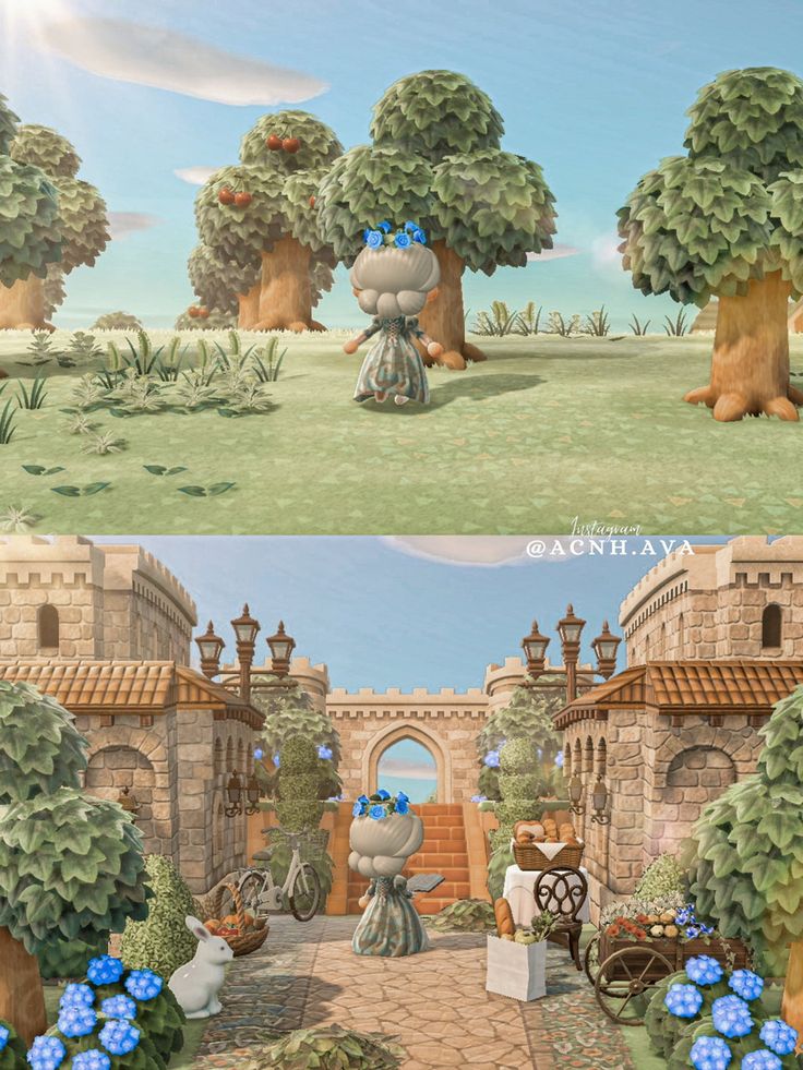 two pictures of the same animal in different scenes, one with blue flowers on its head and