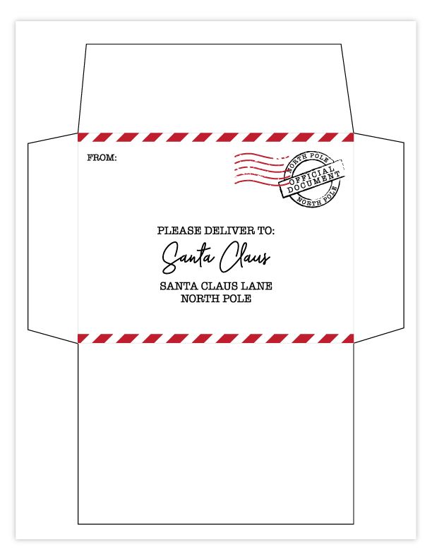 a white envelope with red and black stamps on the front, and an airmail stamp that reads please deliver to santa claus santa claus