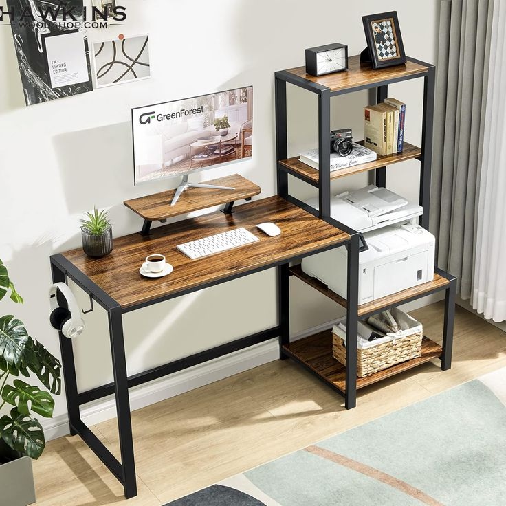 a computer desk with two shelves on each side and a printer on the other side