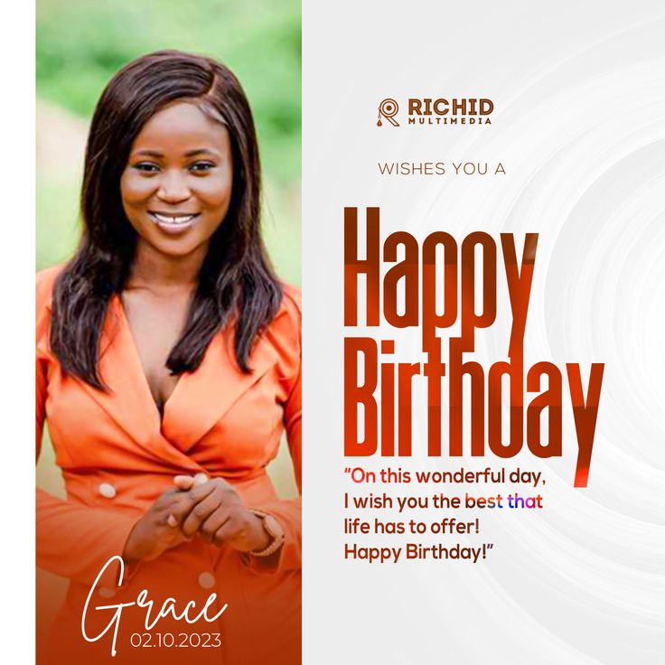 a happy birthday card with an image of a woman in orange and the words grace written on it