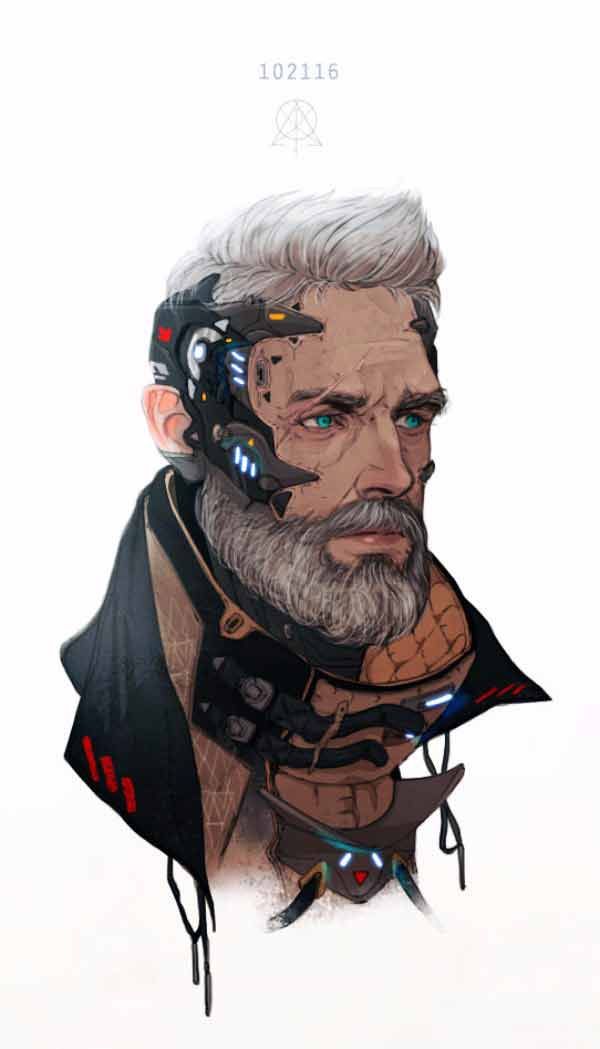 a drawing of a man with white hair and beard wearing futuristic gadgets on his face