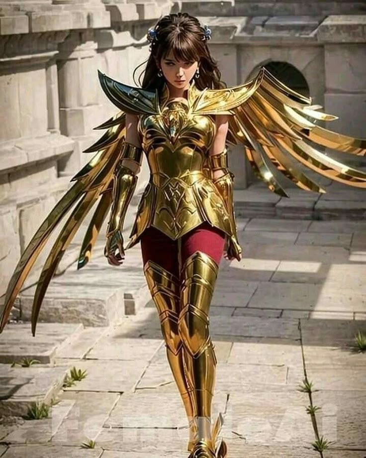 a woman dressed in gold and red is walking down the street with her wings outstretched