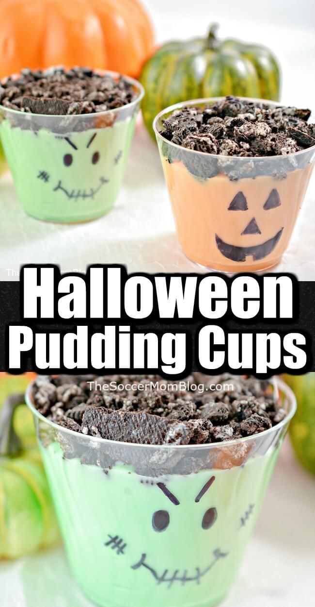 three halloween pudding cups with faces painted on them and pumpkins in the background text reads, halloween pudding cups