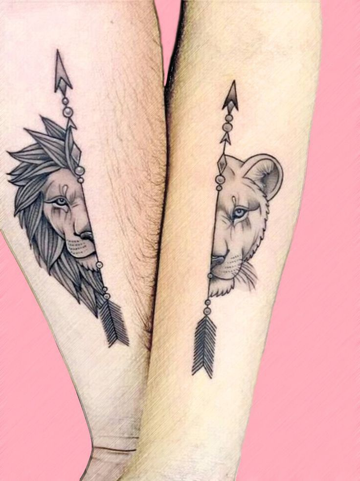 two people with tattoos on their legs, one has a lion and the other has an arrow