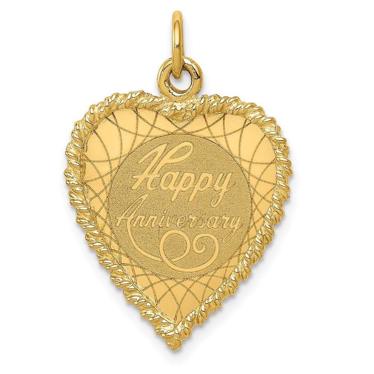 This stunning charm is titled the "14k Yellow Gold HAPPY ANNIVERSARY Heart Charm." It is intricately designed using high-quality 14k yellow gold and weighs 1.87 grams. The length of the charm measures 29mm, while the width is 19mm. This beautiful piece is engravable and serves as an excellent addition to any jewelry collection. As a themed pendant/charm, it is sold individually and comes in a sunny yellow color, making it a thoughtful and meaningful gift for a special occasion like an anniversary.  Precious Metal Type: 14k Yellow Gold Weight: 1.87 GM Material: Primary - Purity:14k Length of Item:29 mm Material: Primary:Gold Item Weight U/M:gm Width of Item:19 mm Engravable:Yes Product Type:Jewelry Jewelry Type:Pendants & Charms Sold By Unit:Each Pendant/Charm Type:Themed Material: Primary Gold Anniversary, Bow Jewelry, Sunny Yellow, Engraved Jewelry, Jewelry Companies, Watch Necklace, Happy Anniversary, Meaningful Gifts, Yellow Color