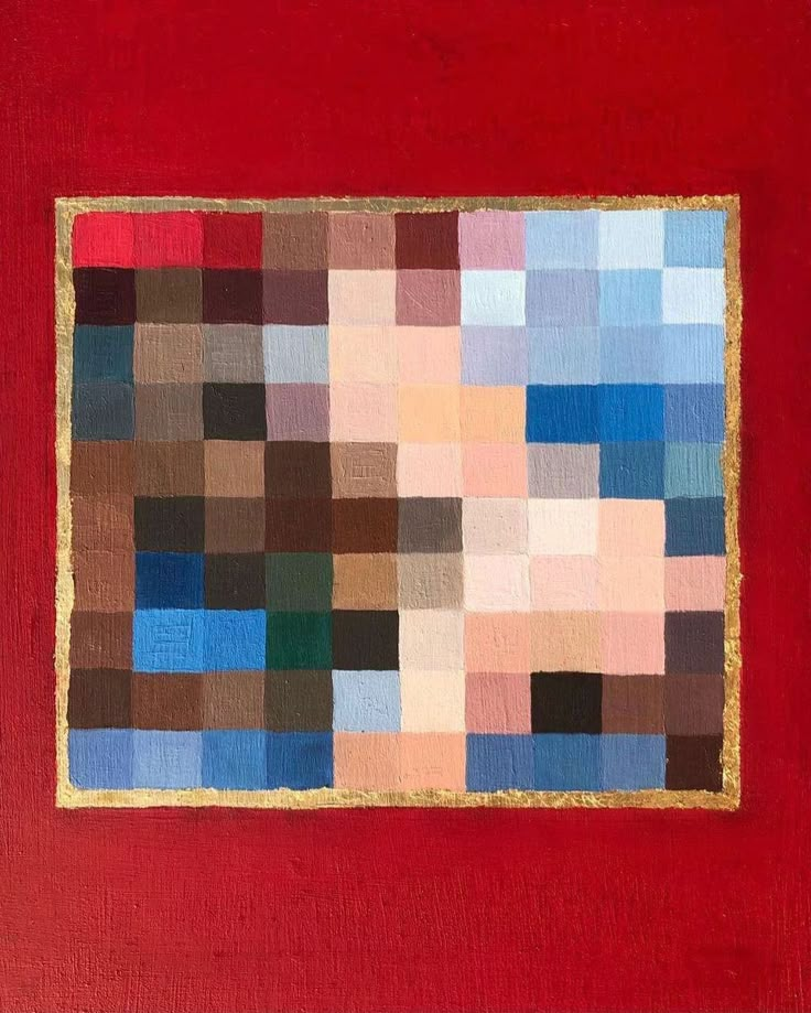 an abstract painting with red, brown and blue squares on the bottom half of it