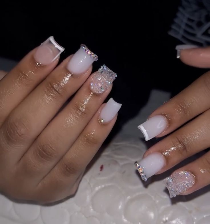 Short Nails With Charms Y2k, Baddie Nails With Diamonds, White French Tip With Charms, Middle Length Nails, Mustard Nail Art, White Nails With Charms, May Nail Art, Acrylic Nail Application, Nail Overlay