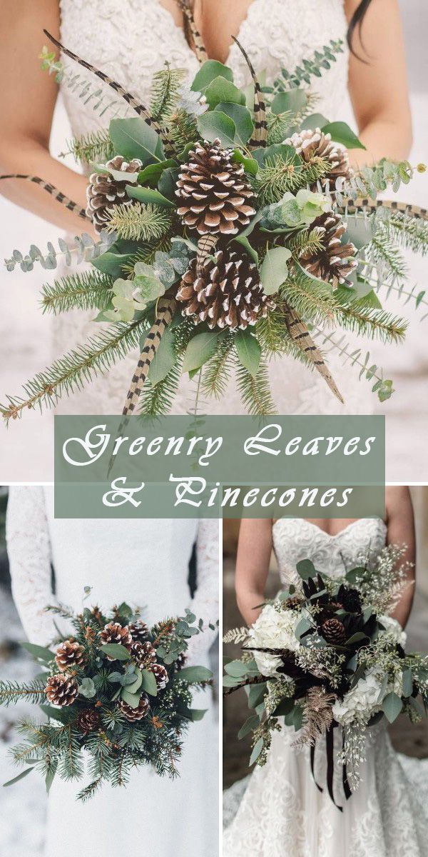 wedding bouquets with pine cones, greenery and evergreen leaves are the focal point for this