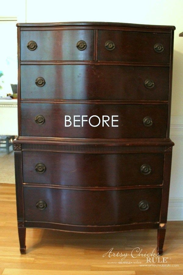 an old dresser has been painted brown with white lettering that says, before and after