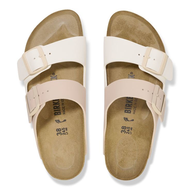 Arizona Split Birko-Flor Eggshell/New Beige | BIRKENSTOCK Classic Slide Footbed Sandals For Beach, Classic Beach Slides With Buckle Closure, Classic White Footbed Sandals For Spring, Classic White Sandals With Leather Footbed, Classic Summer Footbed Sandals With Buckle Closure, Classic Summer Slides With Adjustable Strap, Classic Open Toe Slides With Adjustable Strap, Classic Double Strap Leather Footbed Sandals, Classic Slides With Adjustable Strap For Summer