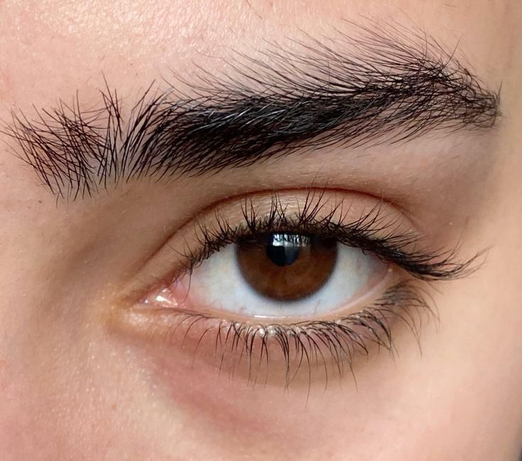 a close up of a person's brown eye with long black hair and eyebrows