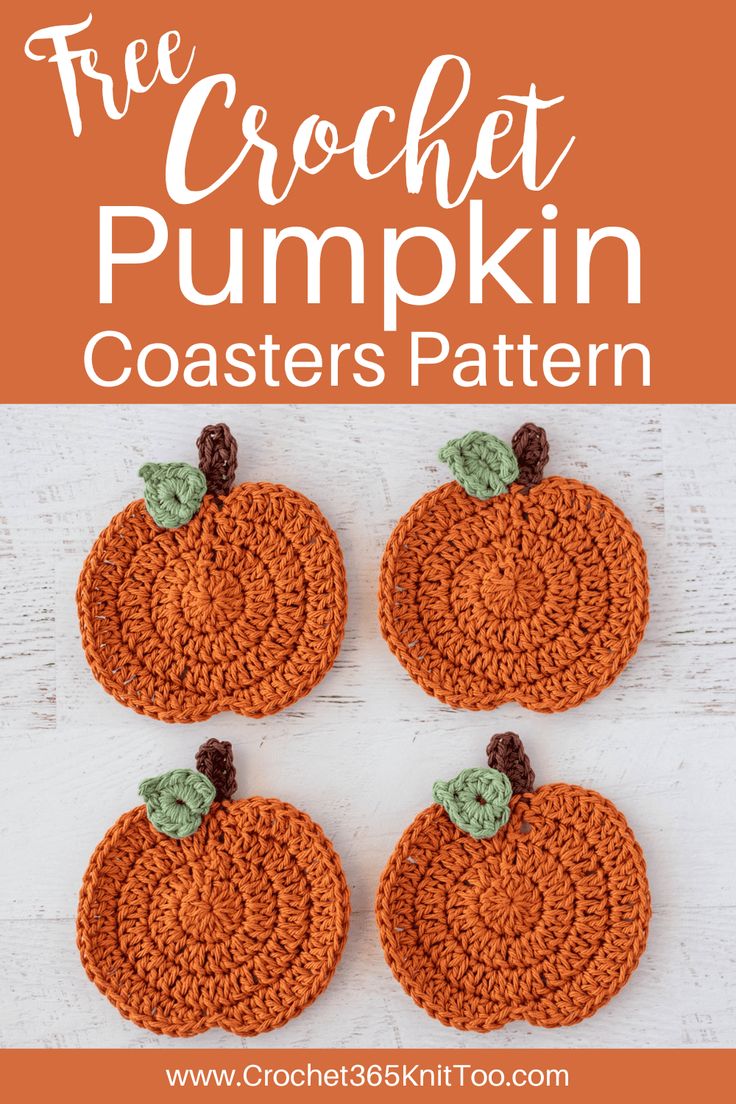 three crocheted pumpkin coasters with the text, free crochet pumpkin coaster pattern