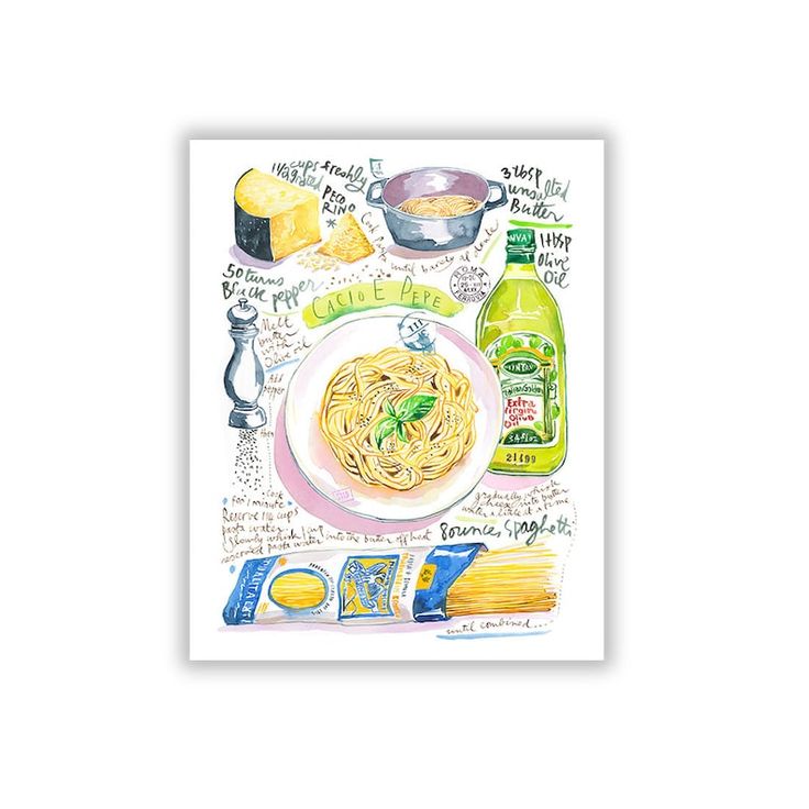 a painting of pasta and other food items on a white background with words written below it