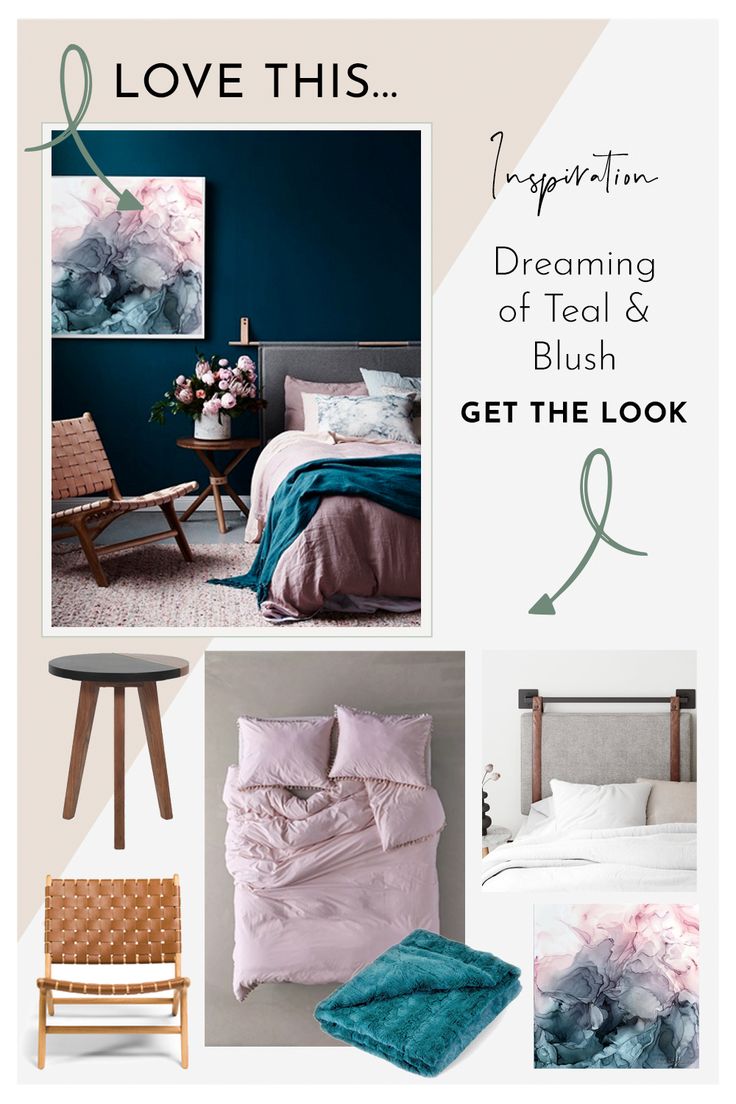 a bedroom with blue and pink decor, including a bed, chair, table and pictures