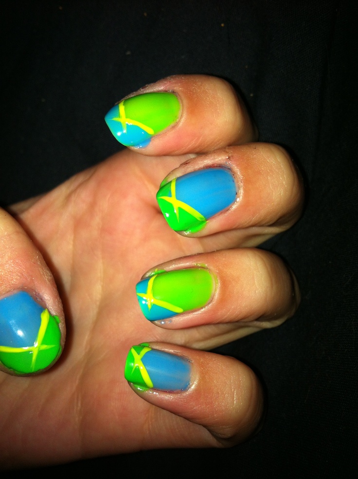 Neon light nails blue green yellow Yellow Blue And Green Nails, Neon Light Nails, Green And Blue Nails, Blue And Green Nails, Racing Nails, Yellow Board, Hello Kitty Handbags, Green Nail Art, Light Nails