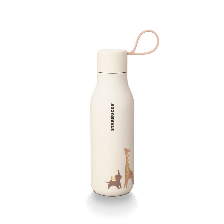 thermos bottle with an animal design on it is white and has a pink handle