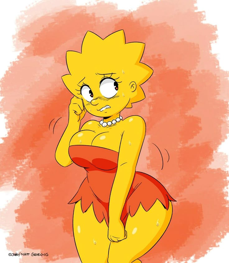 the simpsons character is wearing a red dress and holding her hand up to her ear