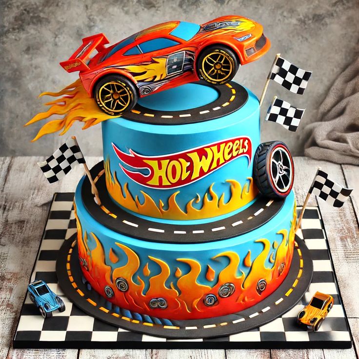 a three tiered cake decorated with hot wheels and flames on a checkered table