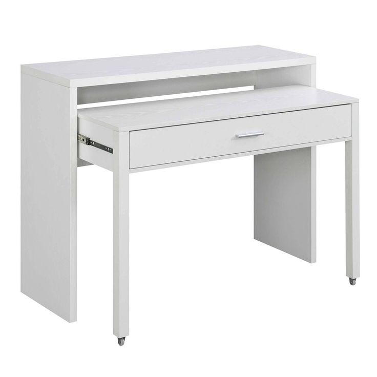 a white desk with a drawer on the top and one drawer at the bottom that is open