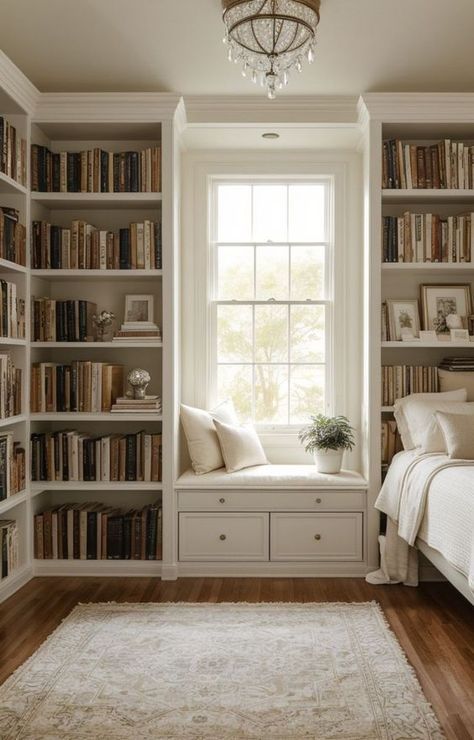 a bedroom with bookshelves, a bed and a rug in front of the window