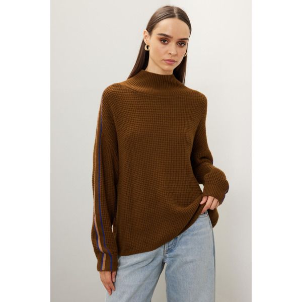 Brown knit (38% Viscose, 35% Recycled Nylon, 22% Extrafine Merino Wool, 5% Alpaca). Sweater. Long sleeves. Mock neck. Pull on. 23" from shoulder to hemline. Imported. Brown Ribbed High Neck Sweater, Knit Top With Ribbed Neckline For Fall, Fall Knit Top With Ribbed Neckline, Spring Funnel Neck Sweater With Ribbed Neckline, Spring Sweater With Funnel Neck And Ribbed Neckline, High Neck Knit Sweater With Ribbed Neckline, Fall Sweater With High Neck And Ribbed Neckline, Knit Funnel Neck Tops For Fall, Fall Knit Tops With Funnel Neck