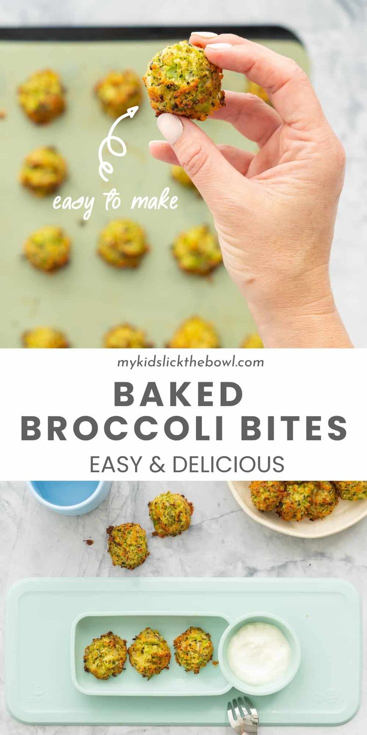 baked broccoli bites on a baking sheet with the title text overlay reads easy to make baked broccoli bites