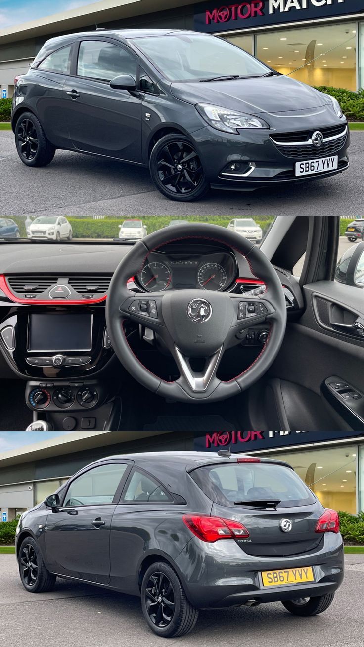 the interior and dashboard of a car in three different views, including one showing the steering wheel