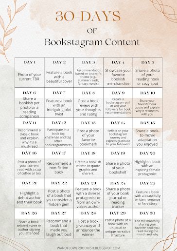 the 30 days of bookstagramm content calendar on a watercolor background with leaves