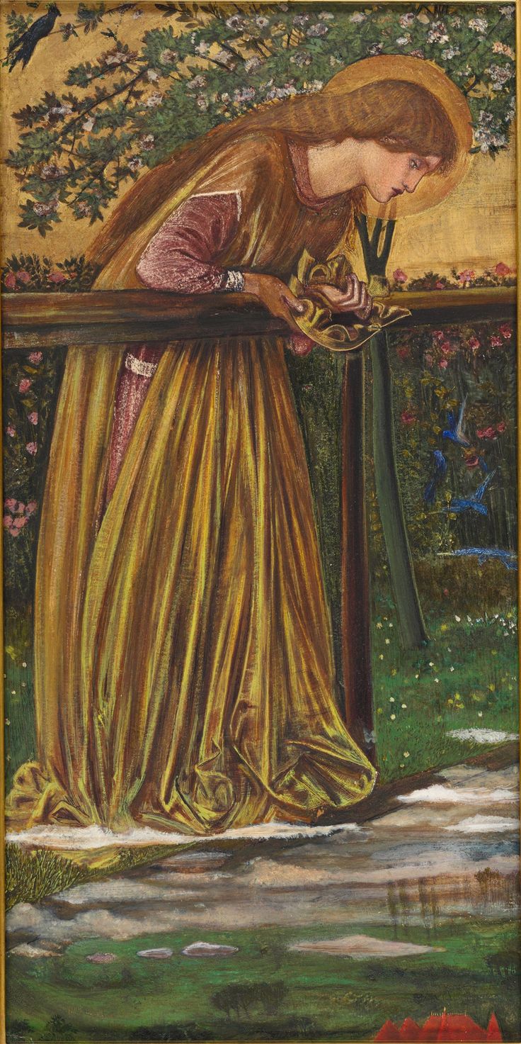 a painting of a woman leaning on a fence with flowers in her hand and looking down at the ground