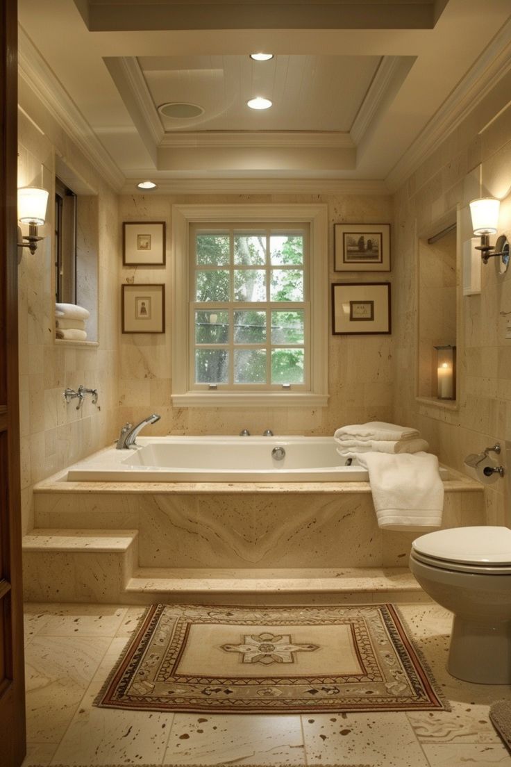 a bathroom with a tub, toilet and rug on the floor in front of a window