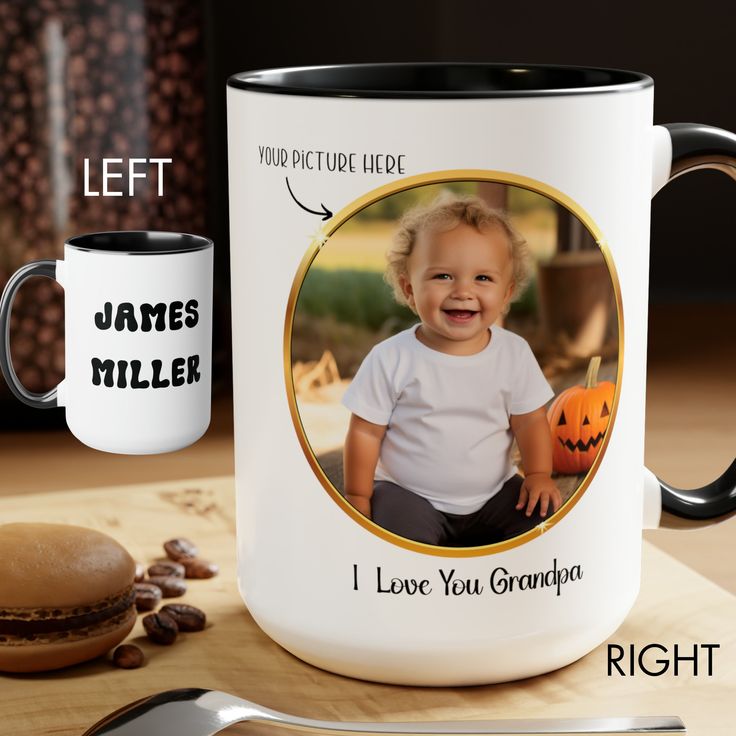 a coffee mug with an image of james miller on it and a spoon next to it