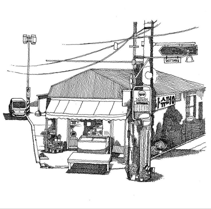 a black and white drawing of a gas station