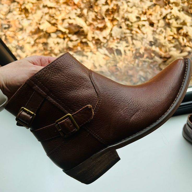 Reposhing This Item I Purchased From @August_31. Beautiful Boots, Never Worn! Perfect Condition! Questions? Leave A Comment Below! Casual Low Heel Booties For Work, Casual Low Heel Boots With Leather Footbed, Casual Brown Moto Boots With Stacked Heel, Casual Moto Boots With Flat Heel For Workwear, Casual Brown Low Heeled Boots, Leather Low Heel Casual Booties, Casual Closed Toe Heeled Boots With Buckle Closure, Casual Leather Booties With Buckle Closure, Casual Closed Toe Moto Boots For Work