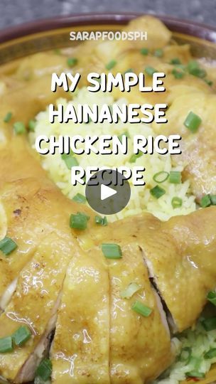 a plate with rice, meat and vegetables on it that says my simple hamanee chicken rice recipe