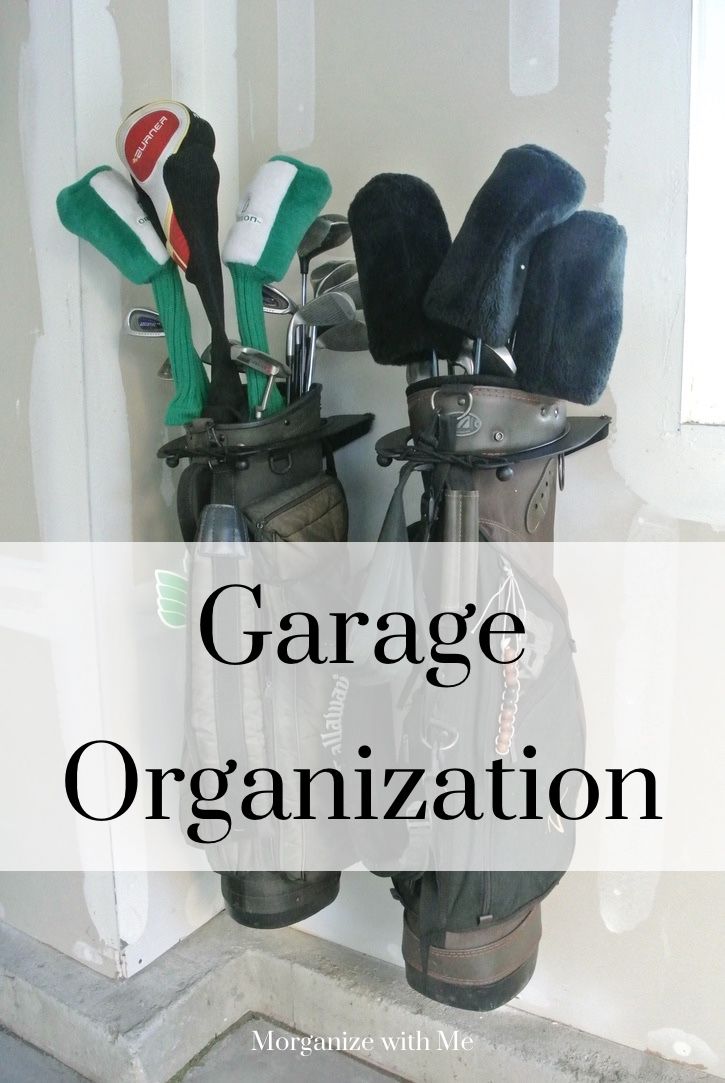 the words garage organization are in front of two golf clubs