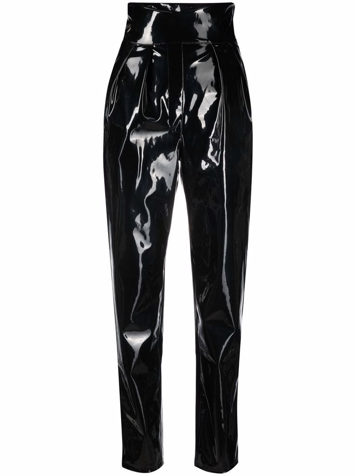 black coated finish high-waisted concealed front fastening two side slit pockets tapered leg Vinyl Pants, Versace Outfit, City Dress, Philipp Plein, Summer Beach Wear, High Waisted Trousers, Celebrity Outfits, High Waisted Pants, Bottoms Pants