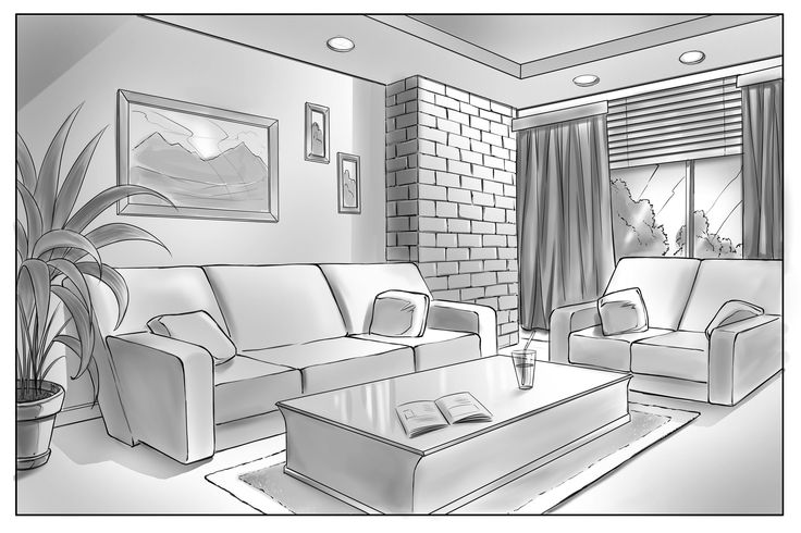 a black and white drawing of a living room