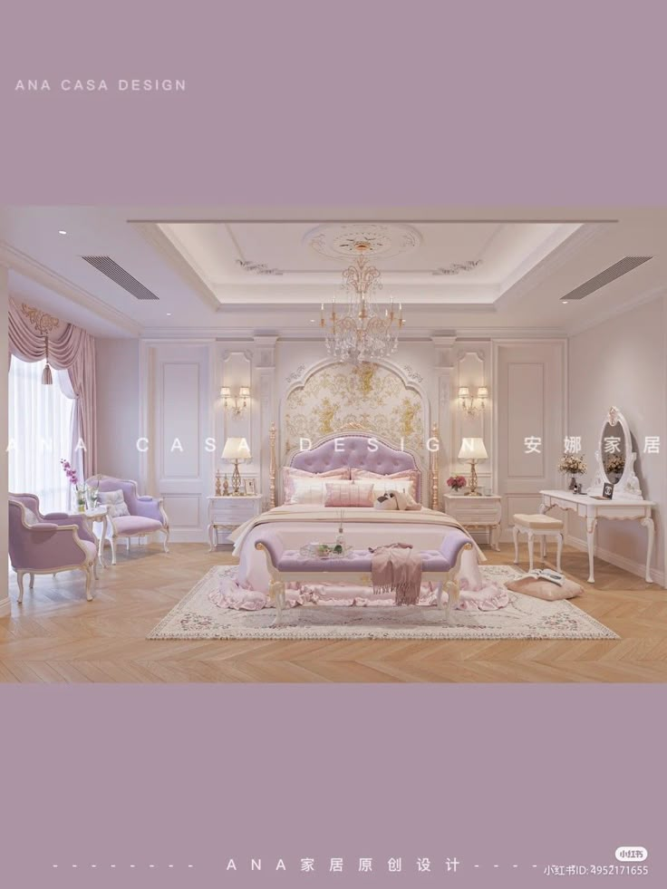 the interior of a luxurious bedroom with chandelier, bed and dressing table in pastel colors