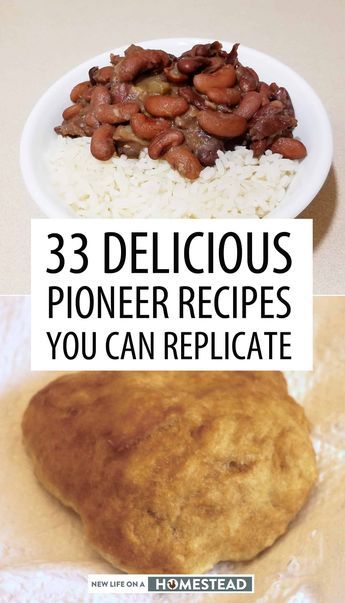 three different pictures with rice, beans and meat on them in the middle one has text that reads 33 delicious pioner recipes you can replicaate