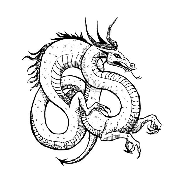 a black and white drawing of a dragon with its tail curled in the shape of a heart