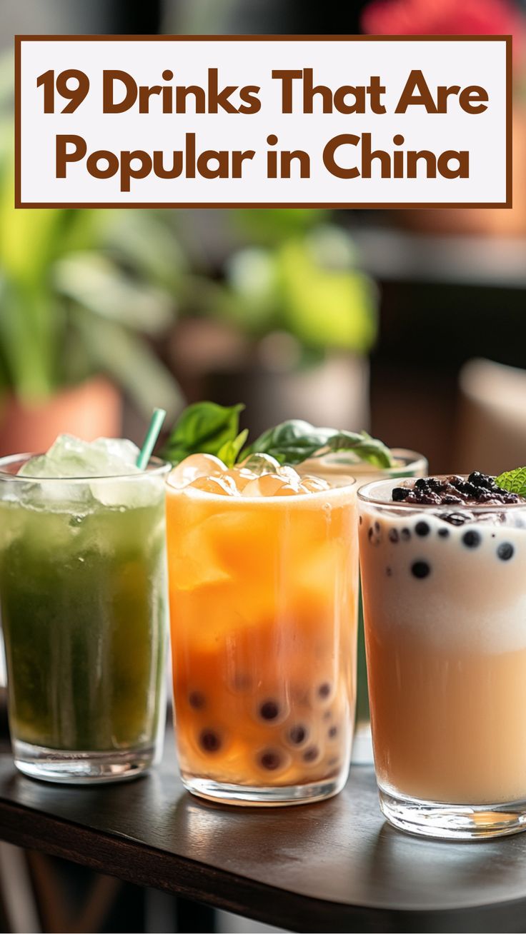 Image showing a variety of popular Chinese drinks, including traditional green tea, oolong tea, bubble tea with tapioca pearls, and a glass of baijiu. The drinks are arranged on a table with a modern setting, reflecting the cultural diversity and flavors of China's beverage offerings. Chinese Drinks Traditional, Asian Drinks Non Alcoholic, Asian Drink Recipes, Chinese Drinks Non Alcoholic, Chinese Drinks, Unique Beverages, Asian Fast Food, Asian Drink, Chinese Drink